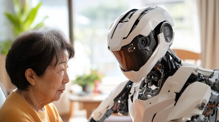 Fototapeta premium テクノロジーとイノベーションのポスターのための現代的な設定で高齢者を支援する未来のヘルスケアロボット