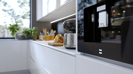 春にぴったりな、洗練されたデザインとモダンな家電を備えた未来的な日本のスマートホームキッチン