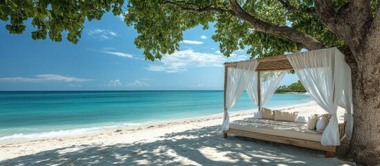 A four-poster bed on a white sand beach with turquoise water and a tree canopy overhead.
