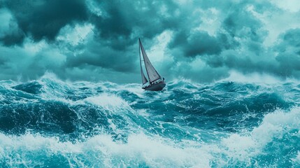 A lone sailboat struggles against tumultuous ocean waves under a stormy sky, embodying nature's power and serenity.