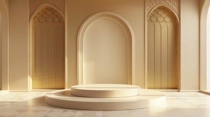 Obraz premium A Golden Archway with a Circular Pedestal in a Minimalist Room
