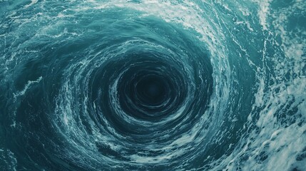 A swirling whirlpool in deep blue water, creating a mesmerizing spiral effect surrounded by frothy white waves.
