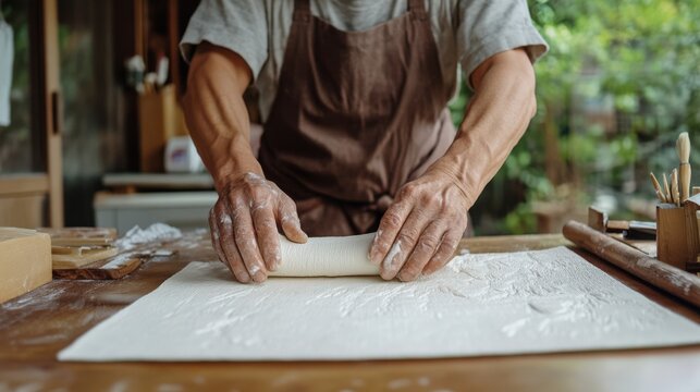 静かな工房で伝統的な和紙を作る日本の職人