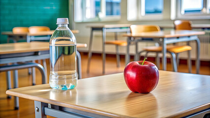 An apple and a water bottle placed on the right side of a school desk, with an empty classroom in the background on the left side.