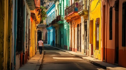 Naklejka premium A man walks down a narrow street lined with brightly colored buildings in a sunny Caribbean city.
