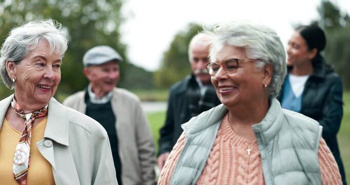 Assisted living, community or friends with nurse and old people outdoor together for activity. Conversation, healthcare and retirement of senior group in garden with happy caregiver for wellness