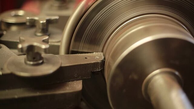 Brake disc is ground on lathe