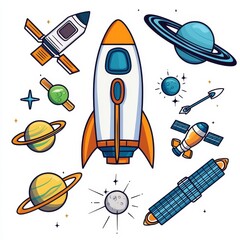 Colorful illustrations of rockets, planets, and stars on a white background, perfect for space-themed projects.