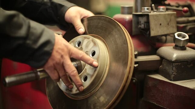Mechanic mounts brake disc on grinding lathe