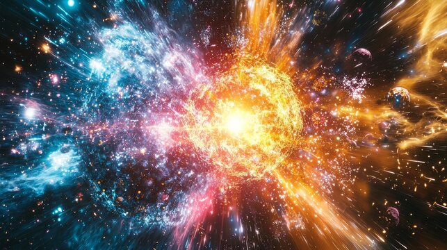 Cosmic Harmony - Quantum Coherence Visualization with Synchronized Particles in Vibrant Energy Burst