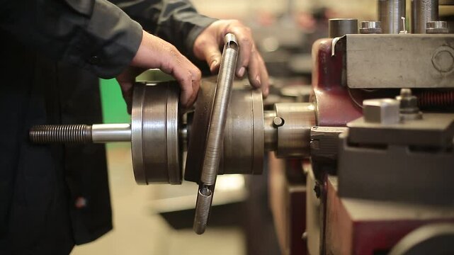 Mechanic dismounts brake disc from grinding lathe