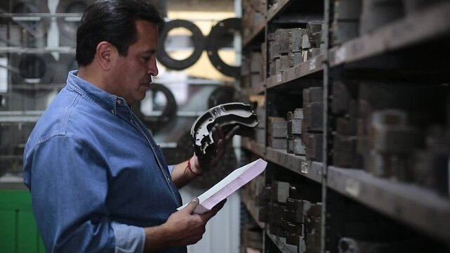 Man checks brake pad inventory in the warehouse