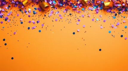 Halloween party flat lay with confetti on orange background copy space top view