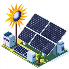Solar energy installation with solar panels and sun emblem, ideal for green technology concepts.