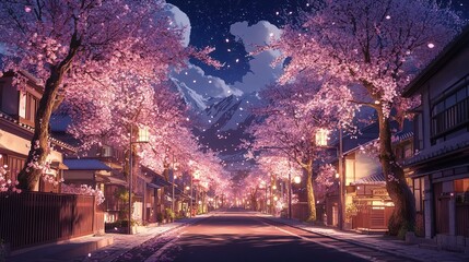 Cherry Trees in an Urban Neighborhood at Night with Roads and House Fences, Illuminated by Streetlights,