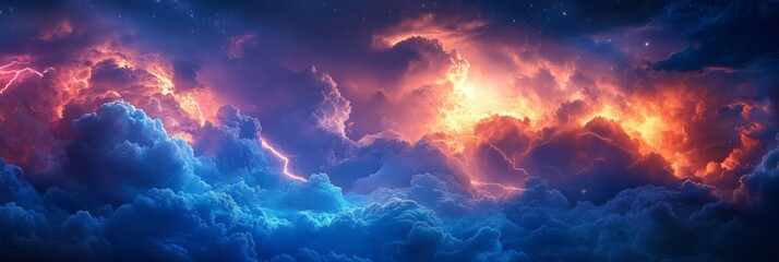 Illuminated Clouds at Night, electric flashes illuminate detailed clouds against a softly blurred dark sky, capturing a dramatic atmospheric moment