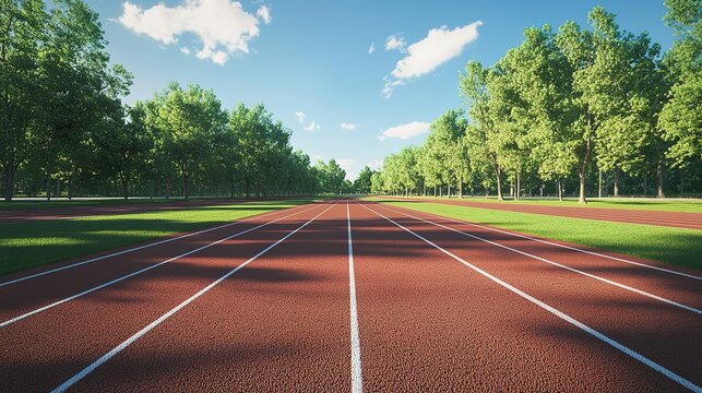 A clear view of an empty running track in an outdoor sports stadium, with white lane markings stretching out in parallel lines under the bright sunlight. 