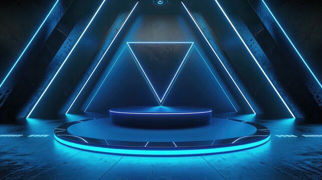 Futuristic Stage with Blue Neon Lights and Triangular Walls