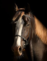 Fototapeta premium Close-up portrait of a horse wearing a bridle, captured in low light with dramatic shadows highlighting its detailed features.