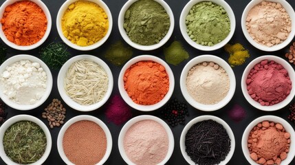 Colorful array of various superfood ingredients like powders spices and dried foods displayed in bowls highlighting the nutritional benefits and versatility of these plant based superfoods