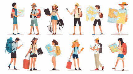 Fototapeta premium A group of tourists traveling with a backpack and map, on vacation. A collection of portraits of travelers.
