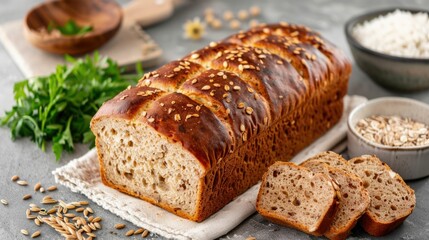 Whole grain bread with detailed fiber and nutrient breakdown providing sustained energy and deep depth of field  Homemade fresh and nutritious baked loaf with artisan texture and rustic appearance