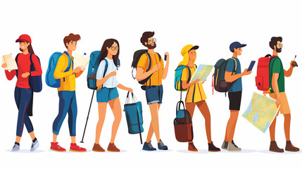 Fototapeta premium A group of tourists traveling with a backpack and map, on vacation. A collection of portraits of travelers.