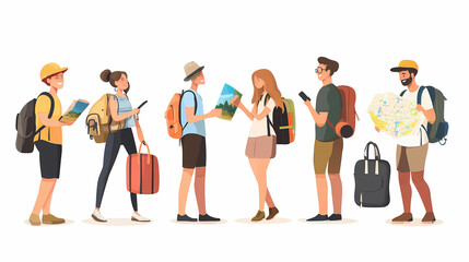 A group of tourists traveling with a backpack and map, on vacation. A collection of portraits of travelers.