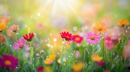 Obraz premium A field of vibrant flowers covered in dew, creating a peaceful and fresh background with room for text.