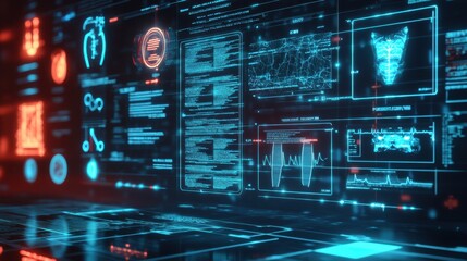 Obraz premium A futuristic concept of electronic medical records displayed on a glowing screen, representing the evolution of medical technology.