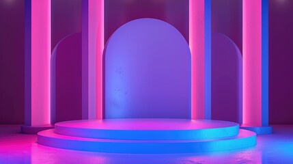 Two-Tiered Circular Platform Illuminated by Neon Lights