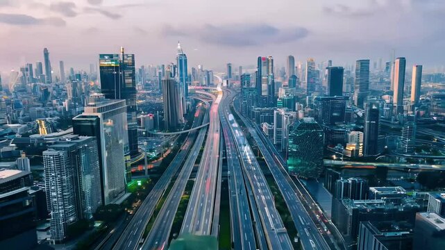 Timelapse hyperlapse bustling car traffic advanced transportation infrastructure financial technology aerial view intersection road dynamic transport business economic