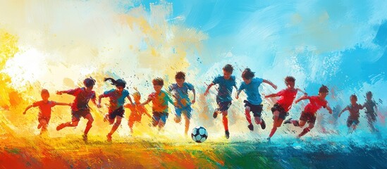 A group of children run towards a soccer ball on a field under a colorful sky.