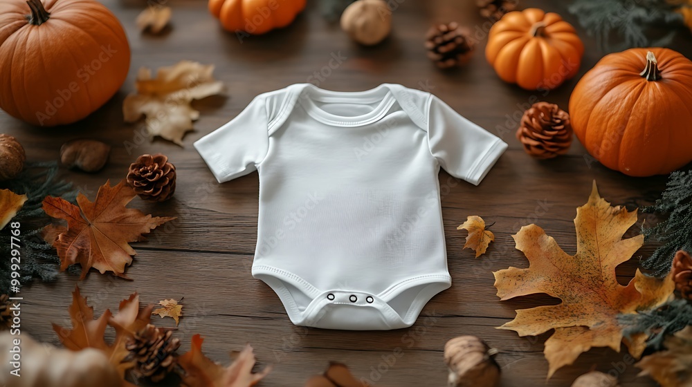 Wall mural  White baby bodysuit mock-up, Halloween-themed, on a wooden background design 