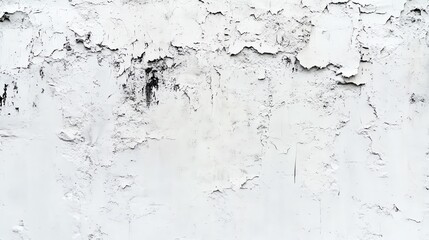 Obraz premium A textured close-up of a weathered white wall, showcasing peeling paint and irregular patterns, perfect for backgrounds and designs.