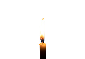 A single burning candle flame or light glowing on a small white candle isolated with clipping path...