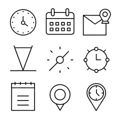 Minimalist line art vector icons for clock, calendar, and location in modern outline style.
Set of nine line art vector icons for clock, calendar, and location in clean minimalist design.