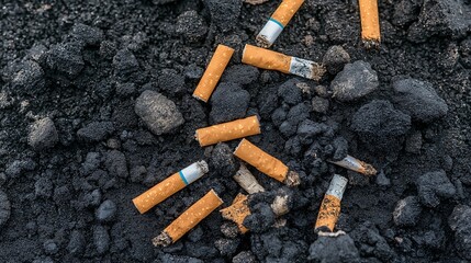 Cigarette Butts Littering Dark Gravel Surface