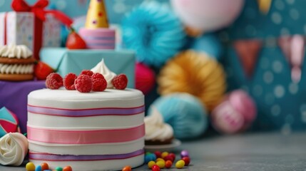 Vibrant and Festive Birthday Gifts Cakes and Arranged on a Table Capturing the Essence of a Celebratory Occasion with Charm and Delight
