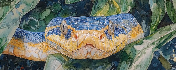Stunning Watercolor Snake Among Greenery