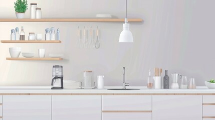 Bright Home Kitchen Interior Featuring Bar Counter, Sink, and Shelves with Kitchenware