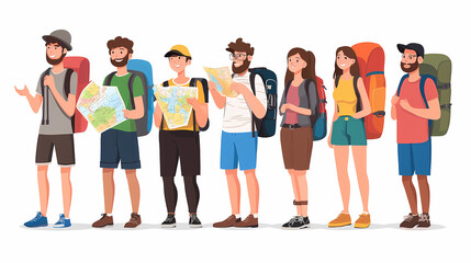 Obraz premium A group of tourists traveling with a backpack and map, on vacation. A collection of portraits of travelers.