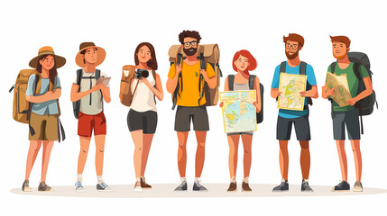 Obraz premium A group of tourists traveling with a backpack and map, on vacation. A collection of portraits of travelers.