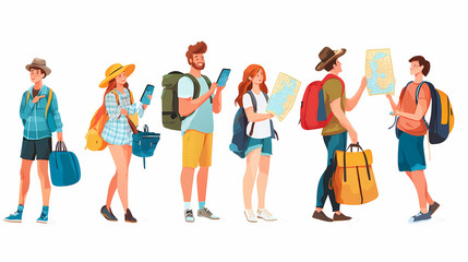 Obraz premium A group of tourists traveling with a backpack and map, on vacation. A collection of portraits of travelers.