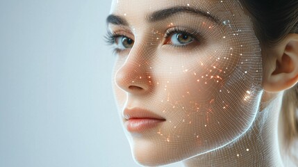 Close-up of a woman's face enhanced with futuristic digital effects, showcasing beauty and technology in harmony.
