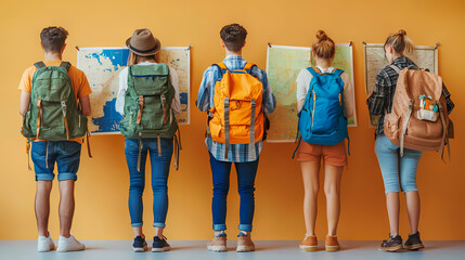A group of tourists traveling with a backpack and map, on vacation. A collection of portraits of travelers.