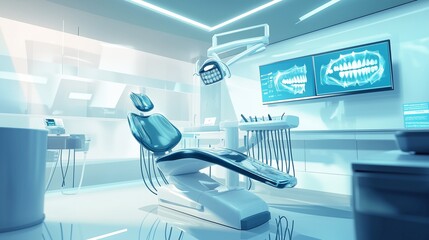Sleek dental office interior featuring modern equipment and a high-tech atmosphere, ideal for dental practice promotion.