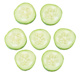 Top view set of fresh green cucumber slices in circle shape isolated on white background with clipping path
