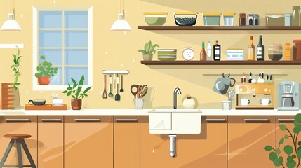 Light-Filled Kitchen Interior: Bar Counter, Sink, and Kitchenware on Shelves