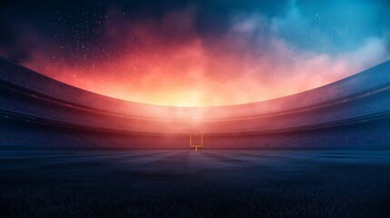 Obraz premium Vibrant sunset over a football stadium, showcasing the field and goal post.